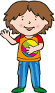 cartoon boy holding a ball, waving